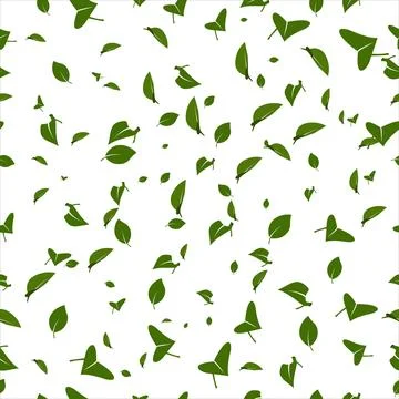 A seamless vector pattern with green leaves evenly scattered on a white bac.. Stock Illustration