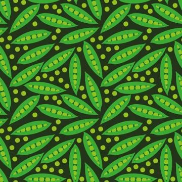 Seamless vector pattern with green peas and pods on dark background Stock Illustration