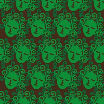 Seamless vector pattern with green sleeping medusa headson a dark background Stock-Illustration