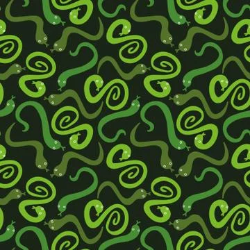 Seamless vector pattern with green snakes scattered on dark background 스톡 일러스트