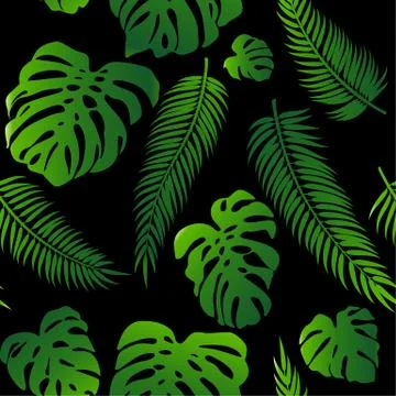 Seamless vector pattern of greenery leaves monstera and palm. Stock Illustration