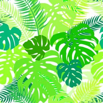 Seamless vector pattern of greenery leaves monstera and palm. Illustrazione stock