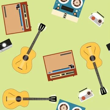 Seamless vector pattern with guitars and players on the green background. Stock Illustration