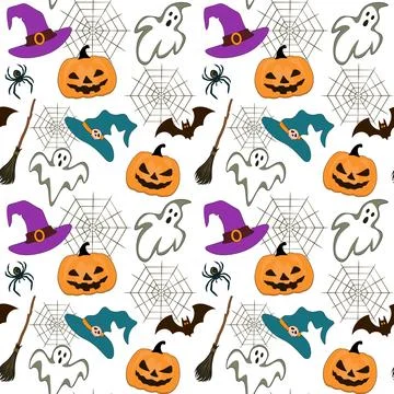 Seamless vector pattern of Halloween decorative elements on white  background Stock Illustration