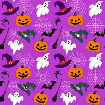 Seamless vector pattern of Halloween decorative elements on purple background Stock Illustration