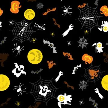 Seamless vector pattern for Halloween design. Halloween symbols: ghost, bat, Stockillustratie