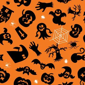 Seamless vector pattern for Halloween design. Halloween symbols: ghost, bat, 스톡 일러스트