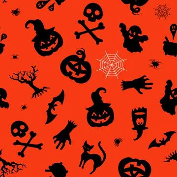 Seamless vector pattern for Halloween design. Halloween symbols: ghost, bat, 스톡 일러스트