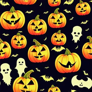 Seamless vector pattern for Halloween design. Halloween symbols: ghost, bat,  Stock Illustration