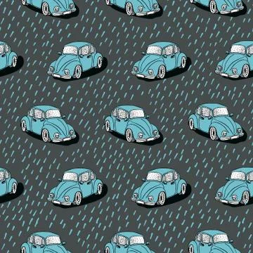 Seamless vector pattern with hand drawn cute cars Stock Illustration