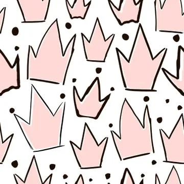 Seamless vector pattern with hand drawn pink crowns. Creative fabric design. Illustrazione stock
