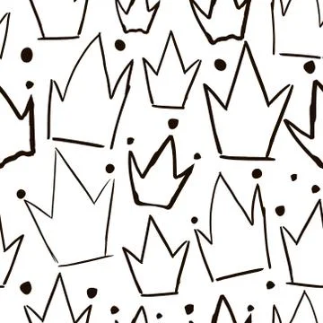 Seamless vector pattern with hand drawn black crowns. Creative fabric design. Stock Illustration
