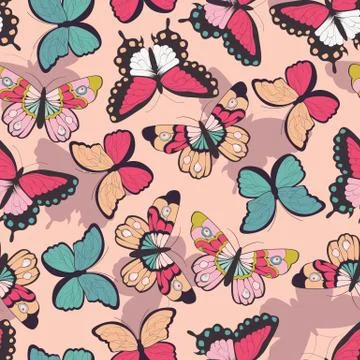 Seamless vector pattern with hand drawn colorful butterflies Stock Illustration