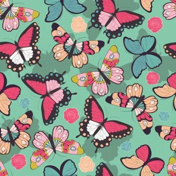Seamless vector pattern with hand drawn colorful butterflies Stock Illustration