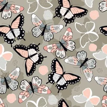 Seamless vector pattern with hand drawn colorful butterflies Stock Illustration