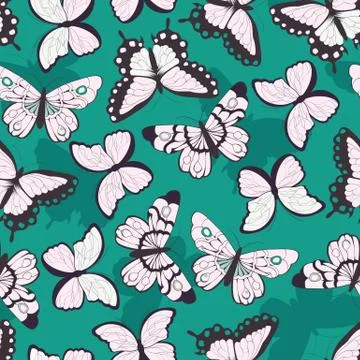Seamless vector pattern with hand drawn colorful butterflies, green backgroun Stock Illustration