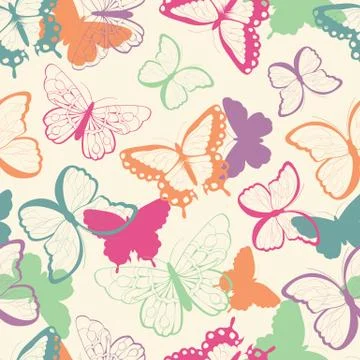 Seamless vector pattern with hand drawn colorful butterflies, silhouette vi.. Stock Illustration