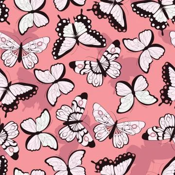 Seamless vector pattern with hand drawn colorful butterflies, pink background Illustrazione stock