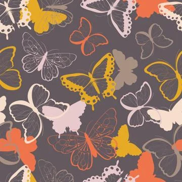 Seamless vector pattern with hand drawn colorful butterflies, silhouette vi.. Stock Illustration