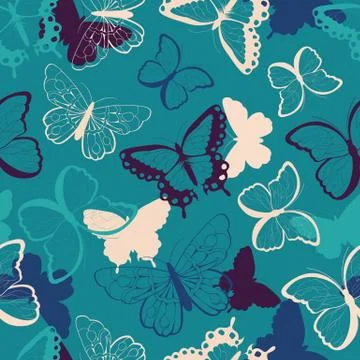 Seamless vector pattern with hand drawn colorful butterflies, silhouette vi.. Stock Illustration