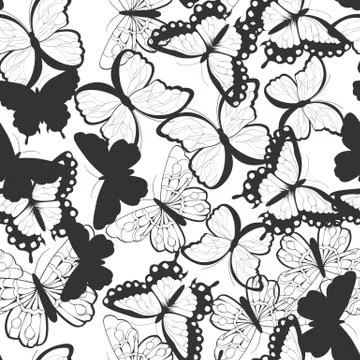 Seamless vector pattern with hand drawn silhouette butterflies, black and whi Stock Illustration