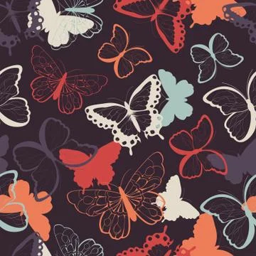 Seamless vector pattern with hand drawn colorful butterflies, silhouette vi.. Stock Illustration