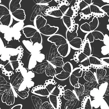 Seamless vector pattern with hand drawn silhouette butterflies, black and whi Stock Illustration