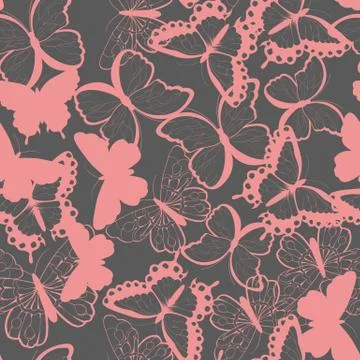 Seamless vector pattern with hand drawn silhouette butterflies, pink and gray Stock Illustration