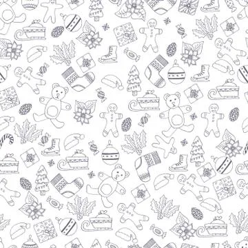 Seamless vector pattern with hand drawn fir trees, gift, bows, christmas toys イラスト素材