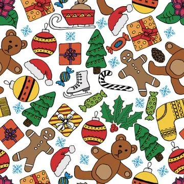 Seamless vector pattern with hand drawn fir trees, gift, bows, christmas toys Stock Illustration