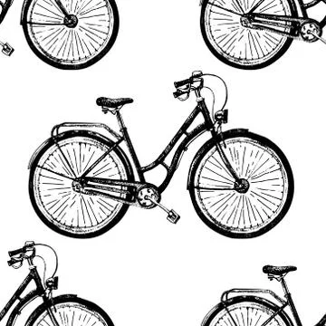 Seamless vector pattern with hand drawn bicycle. Sketch, ink illustration old Stock Illustration