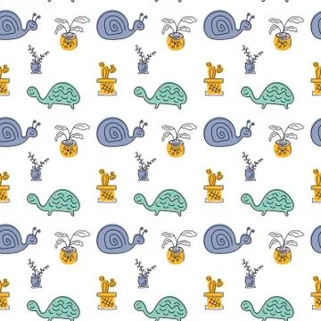 Seamless vector pattern with hand drawn cute turtles, snails and potted flowe Stock Illustration