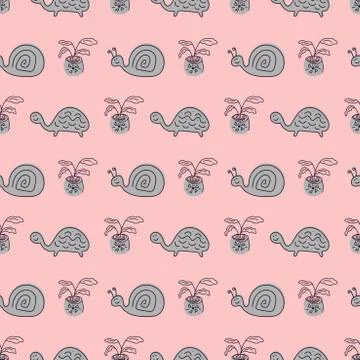 Seamless vector pattern with hand drawn cute turtles, snails and potted flowe Stock Illustration