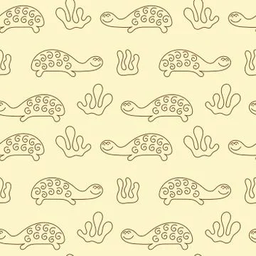 Seamless vector pattern with hand drawn cute turtles,and plants . Stock Illustration