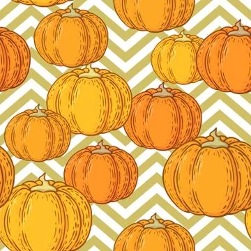 Seamless vector pattern with hand drawn colorful pumpkins isolated on geometr Stock Illustration