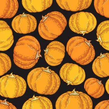 Seamless vector pattern with hand drawn colorful pumpkins isolated on black b Stock Illustration