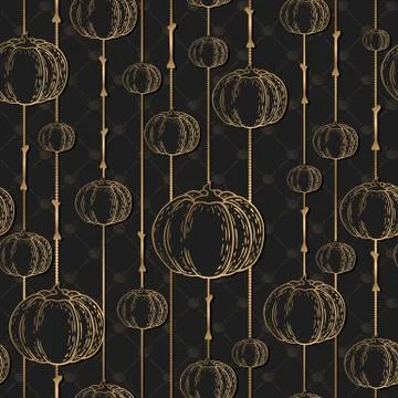 Seamless vector pattern with hand drawn gold pumpkins isolated on black backg Stock Illustration