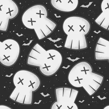 Seamless vector pattern with hand drawn skulls and bats isolated on black bac Stock Illustration