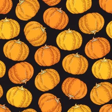 Seamless vector pattern with hand drawn colorful pumpkins isolated on black b Stockillustratie