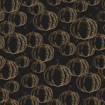 Seamless vector pattern with hand drawn gold pumpkins isolated on black backg Stock Illustration