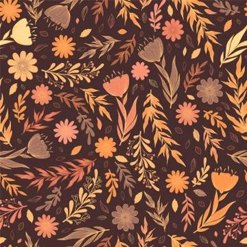 Seamless vector pattern with hand drawn floral elements, branches, leaves and Stock Illustration