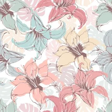 Seamless vector pattern with hand drawn colorful lilies and leaves isolated o Stock Illustration