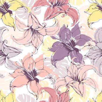 Seamless vector pattern with hand drawn colorful lilies and leaves isolated o Stock Illustration