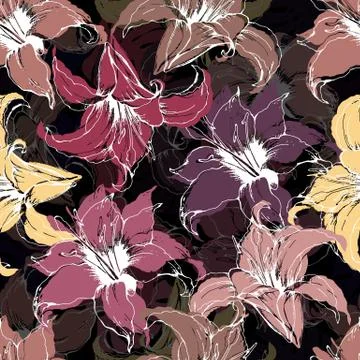 Seamless vector pattern with hand drawn colorful lilies and leaves isolated o Stock Illustration