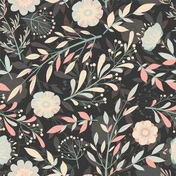 Seamless vector pattern with hand drawn flowers, leaves and branches isolated Stock Illustration