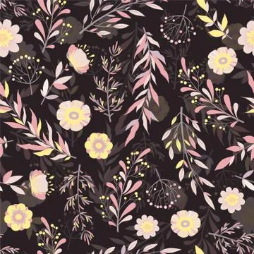 Seamless vector pattern with hand drawn flowers, leaves and branches isolated Stock Illustration