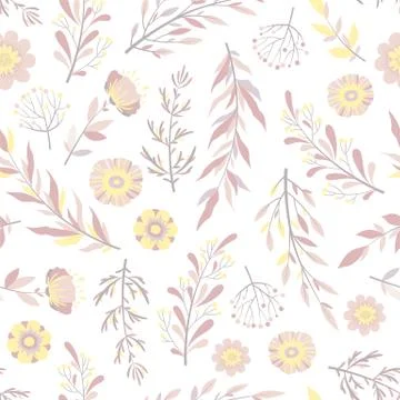 Seamless vector pattern with hand drawn flowers, leaves and branches isolated Stock Illustration