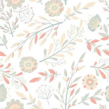 Seamless vector pattern with hand drawn flowers, leaves and branches isolated Stock Illustration