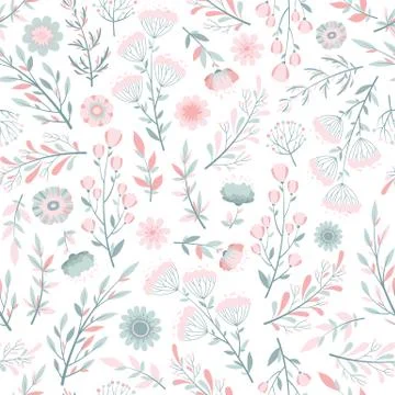 Seamless vector pattern with hand drawn flowers, leaves and branches isolated Stock Illustration