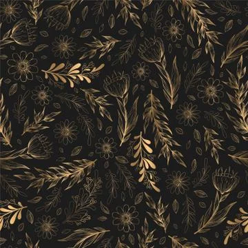 Seamless vector pattern with hand drawn gold flowers, leaves and branches iso Stock Illustration